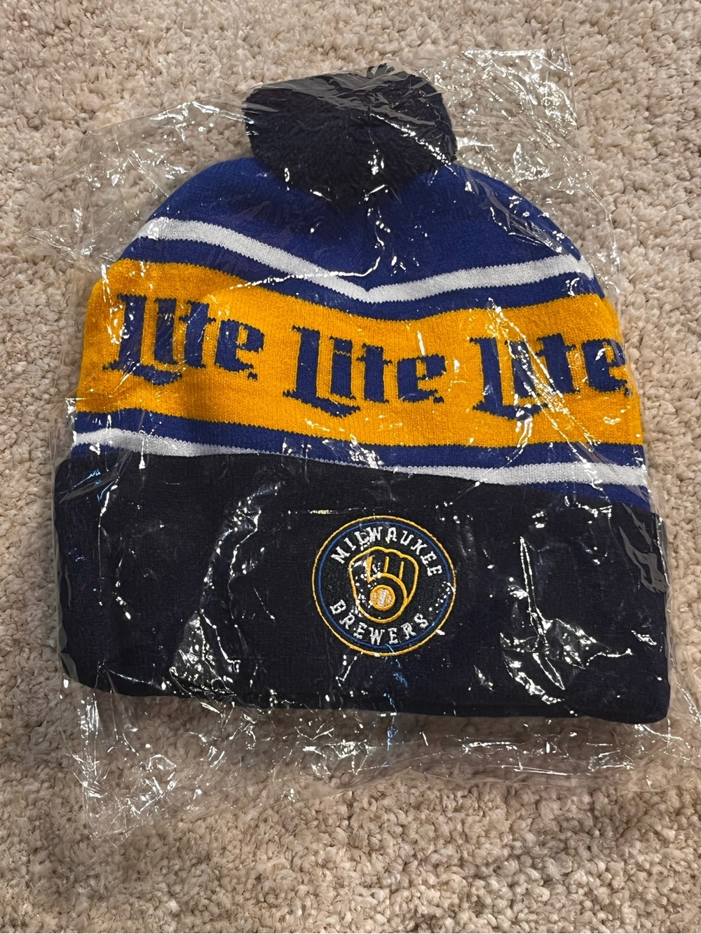 Milwaukee Brewers MLB Miller Lite Knit Beanie Hat Blue Yellow Pom Cap New